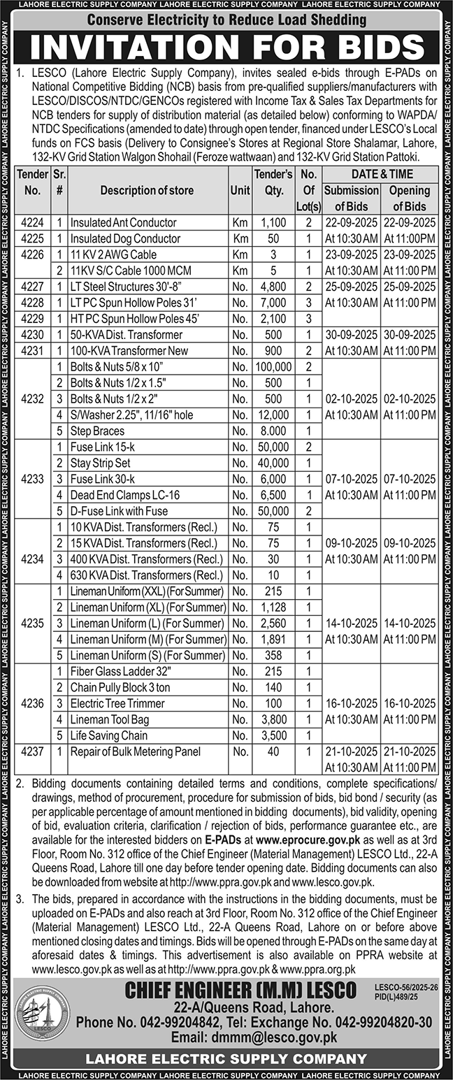 Lahore Electic Supply Company Tender Notice
